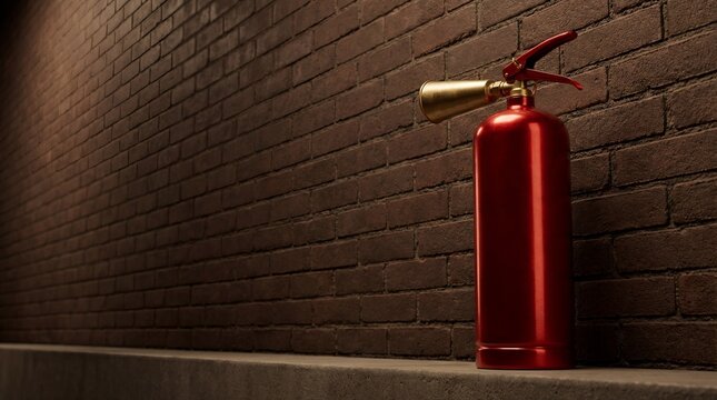 Red fire extinguisher standing on a ledge against a dark brick wall