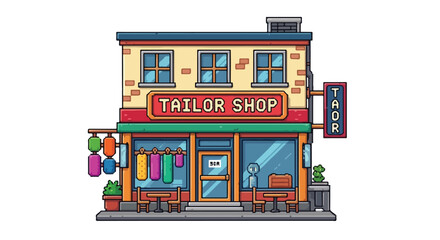 Obraz premium A charming vector illustration of a two-story tailor shop featuring a yellow brick facade, colorful fabric displays, and outdoor seating.