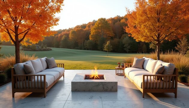 Modern farmhouse patio with grey marble furniture and fire pit. Two sofas face stone fire pit, surrounded by autumn trees. Green lawn extends to hills.