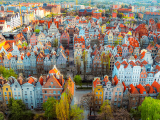 Gdansk with Motlawa river in Poland. Aerial landscape of the Main Town. Old town colourful house with saint Marys church © Zedspider
