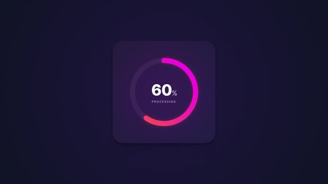 Modern Neumorphic Circular Progress Bar Loading Animation: 0 to 100 Percent Processing Counter with Vibrant Pink and Orange Gradient Glow on Dark Background for Apps and User Interface Design
