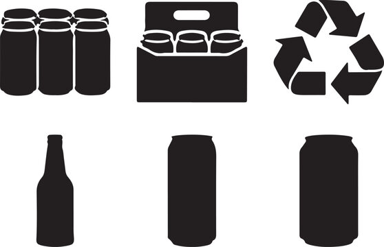 Aluminum drink can collection of 6 with soda, beer pack and recycling icon