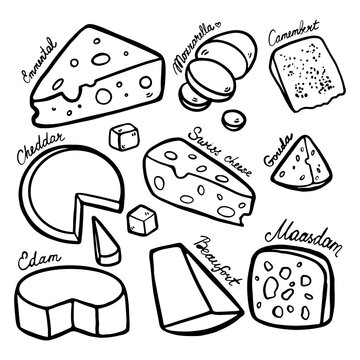 Hand drawn doodle cheese vector set. Includes mozzarella, cheddar, edam, gouda, and maasdam cheese pieces isolated on white background. Simple outline drawings suitable for food design, packaging