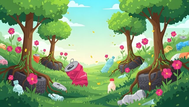 Polluted Forest Scene with Trash and Litter in Nature Setting