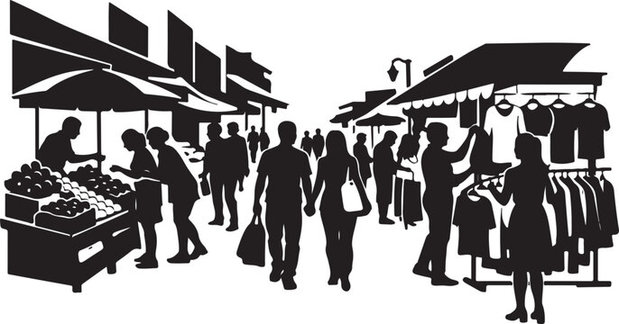: Busy street market scene with people walking, shopping at stalls, selling fruits, vegetables, and clothes, urban lifestyle concept silhouette vector on a white backgraound.