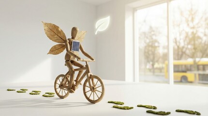 Fototapeta premium Conceptual wooden mannequin riding a bicycle with solar panels and wings leaving green moss footprints for sustainability.
