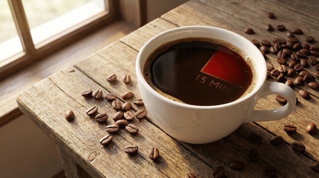 Coffee cup on a rustic wooden table with a fifteen minute timer concept for break and time management.