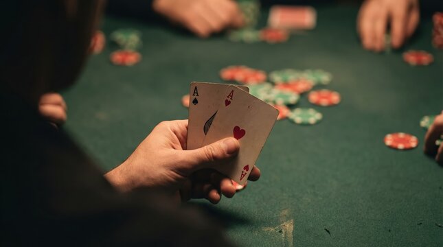 Close up of a poker player holding a pair of aces during a high stakes game at a casino.