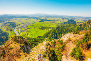 Hiking to peak Tri Koruny or Trzy Korony during day. Pieniny National park in Poland. View from the lookout at the top © Zedspider