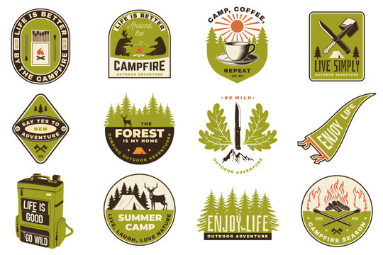 Camping badges and stickers bundle vector collection with outdoor adventure designs campfire forest coffee knife backpack and summer camp emblems for t shirt print decal set isolated background