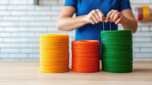 workshops instruction technical concept. Stacks of colorful poker chips with a person organizing the green stack
