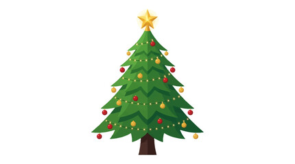 Fototapeta premium Vibrant, stylized Christmas tree with colorful ornaments, string lights, and star on top, festive holiday decoration, minimalistic flat design