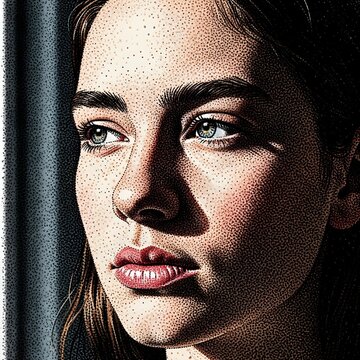 Close-up portrait of a young woman with striking blue eyes, rendered in a stippling art style.