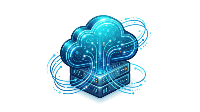 Futuristic cloud computing concept with glowing blue server tower and stylized cloud, surrounded by swirling circuit lines and digital waves, symbolizing data transfer and storage in a vibra