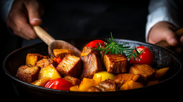 Chef stirring roasted meat with potatoes and vegetables in a skillet