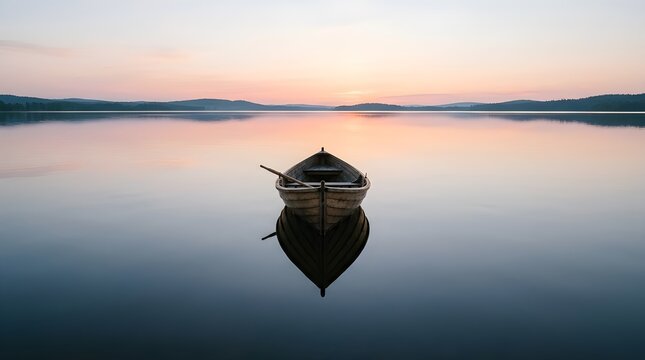 Small wooden boat floating on a calm still lake