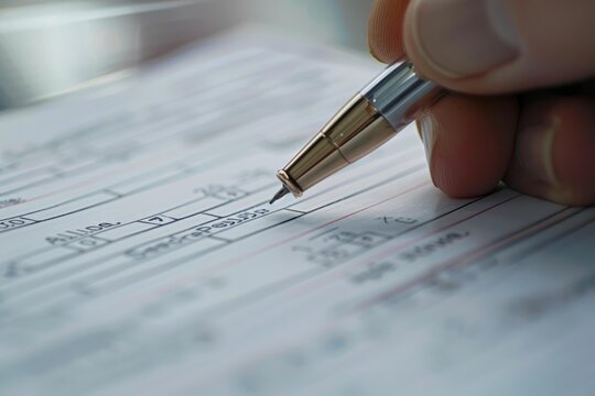 Close up of hand with pen completing spreadsheet with financial data