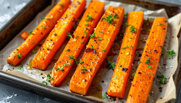Glossy roasted carrot sticks on baking tray with herbs and spices, healthy homemade vegetable side dish in warm natural light.
