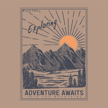 Hand drawing Mountain Graphic sketch. Wild and free typography slogan. adventure awaits text . perfects for autumn winter t-shirt design. mountain poster graphic. 