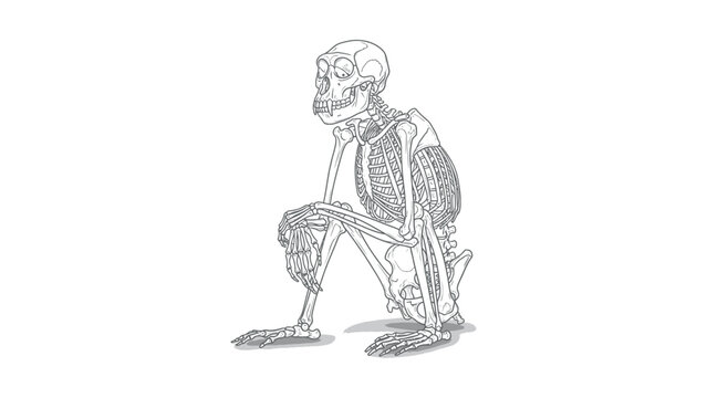 A detailed illustration of a monkey skeleton crouching on the ground in a studio setting.