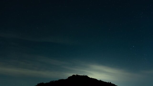 Night Sky Timelapse of Stars Rotating Around Polaris Over Gajisan Mountain Silhouette, South Korea