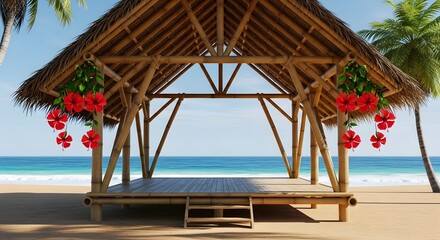 Fototapeta premium Beautiful bamboo beach house with ocean view, tropical lifestyle and vacation home concept