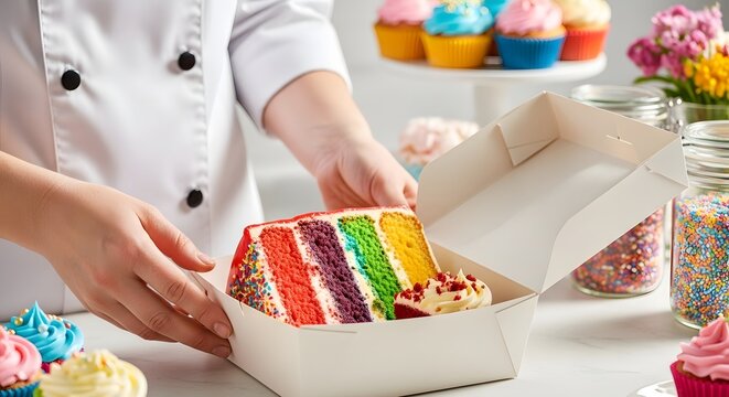 Professional baker packing pastries into container, bakery service and takeaway food concept