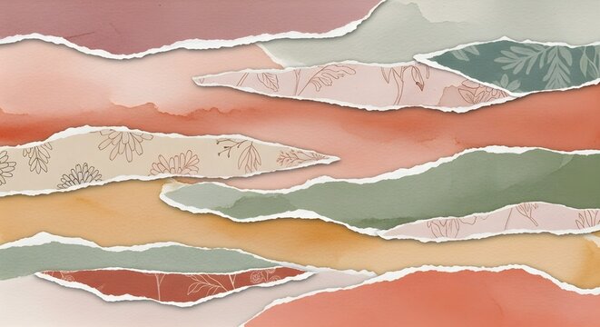 Abstract torn paper collage with floral patterns and watercolor texture