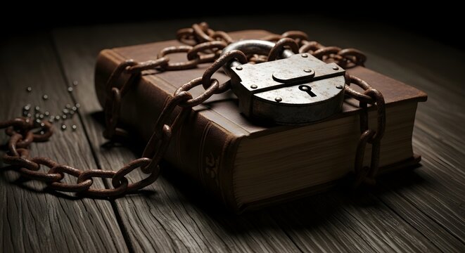 Old book locked with a rusty chain and padlock on a wooden table