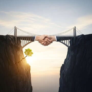 Business handshake over a bridge connecting two cliffs with a tree growing from a crack