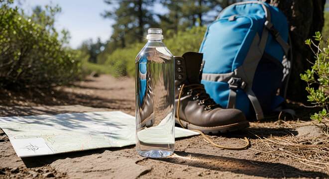 Hiking gear on a dirt trail.