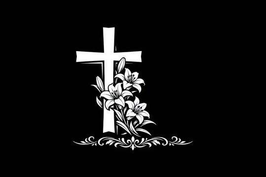 White Christian cross adorned with lilies and decorative scrolls set against a solid black background