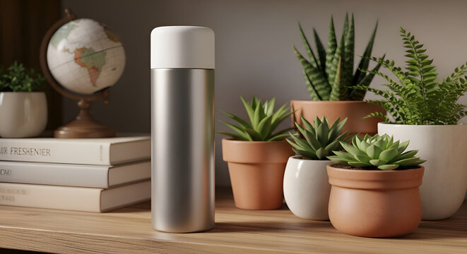 Modern home decor with plants and kettle.