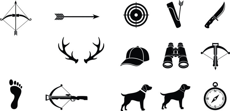 Collection of black hunting icons including bow and arrow, binoculars, dogs, and gear on white background.