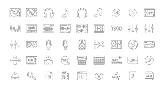 Set of outline music production and DJ equipment icons on white background