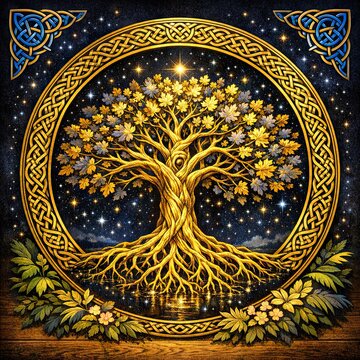 Intricate golden tree of life with sprawling roots and leaves enclosed in a celtic knot circle under a starry sky