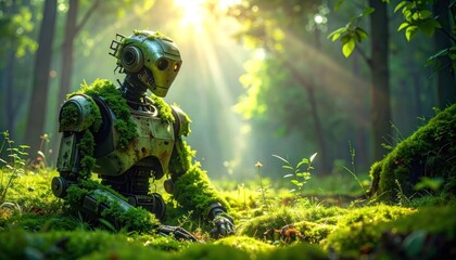 Fototapeta premium Green Robot Covered in Moss in Sunlit Forest.