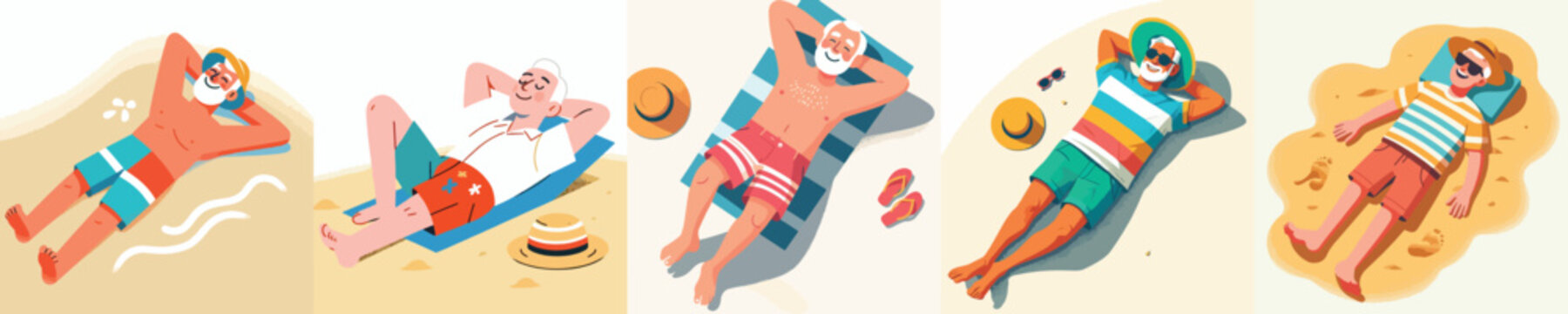 vector of a grandpa lying on his back on the beach sand enjoying summer