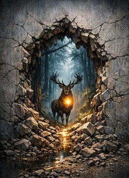 Majestic stag with glowing chest standing in misty forest viewed through cracked stone wall with stream reflections