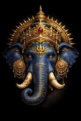 Fototapeta premium Ornate blue elephant head adorned with golden crown and jewelry, featuring a central red gemstone