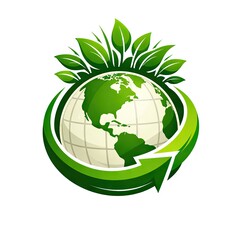 Fototapeta premium Globe encircled by a green recycling arrow with leaves sprouting, symbolizing sustainability and ecological growth