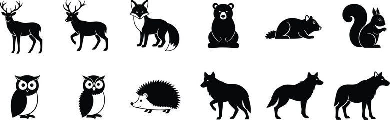 Fototapeta premium Set of woodland animal silhouettes including deer, fox, bear, squirrel, owl, and hedgehog