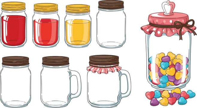 Glass jars collection with colored liquids, mason jar mugs and candy jar with heart sweets vector illustration set