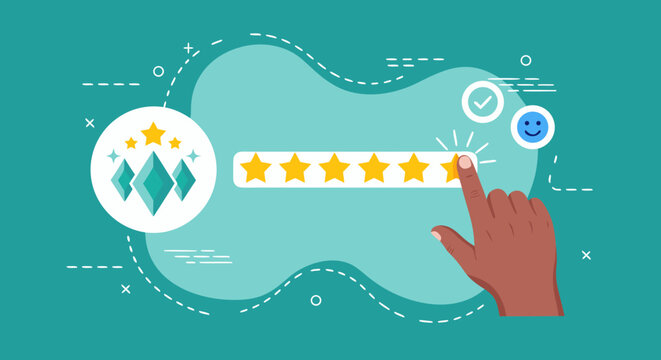Customer feedback and rating system with star ratings and happy face icon
