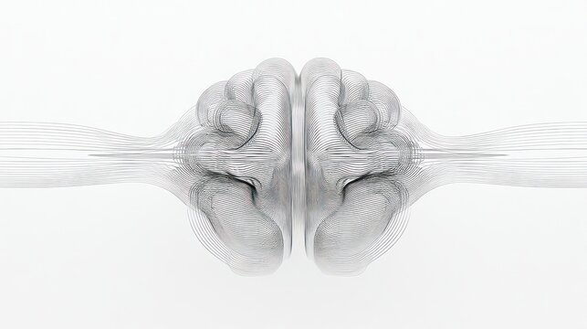 Abstract mirrored grayscale image of a human brain on a white background