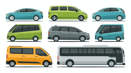 Naklejka premium A colorful collection of various vehicle types is displayed including vans minivans and a small bus all facing the viewer high quality professional detailed modern elegant