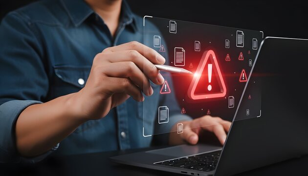 digital warning alert displayed on laptop with document icons, representing system risk, data threat, cyber alerts, file security issues, online protection Security & Risk Management