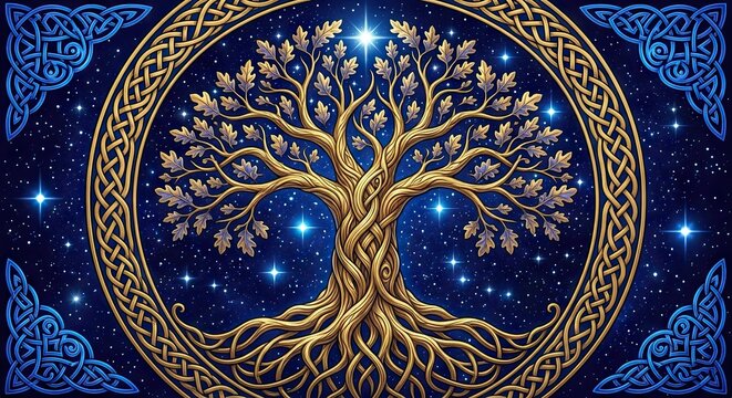 Golden tree of life illustration with intricate Celtic knot roots and branches set against a deep blue cosmic background with stars

