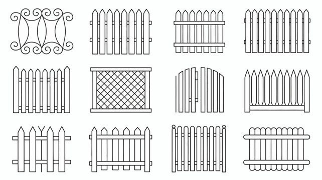 A collection of various fence designs and ornamental ironwork elements are displayed in simple linear black and white illustrations high quality professional detailed modern elegant stylish