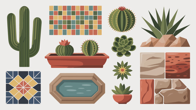 A collection of southwestern desert plants and decorative tile patterns are arranged in a colorful illustrative composition high quality professional detailed modern elegant stylish clean crisp